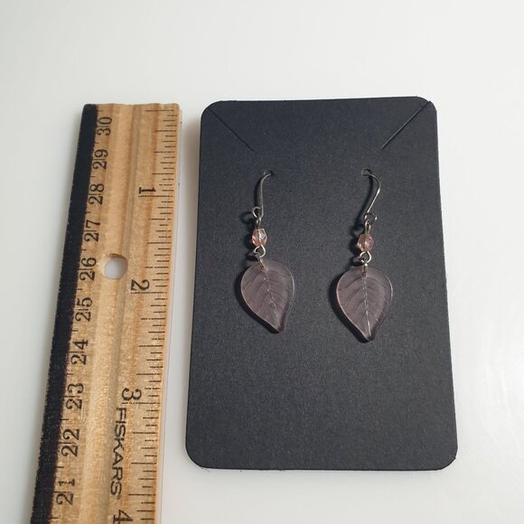 Purple Leaf Dangle Earrings Glass Bead Accents Silver Tone Hooks Artisan Handmad - Picture 3 of 4